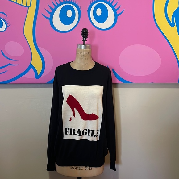 Moschino Couture Black Ivory Red Wool Fragile Shoe Sweater
